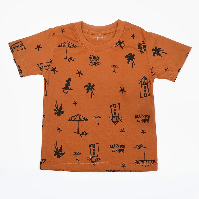 Boys Printed Half Sleeves T-Shirt - Brown