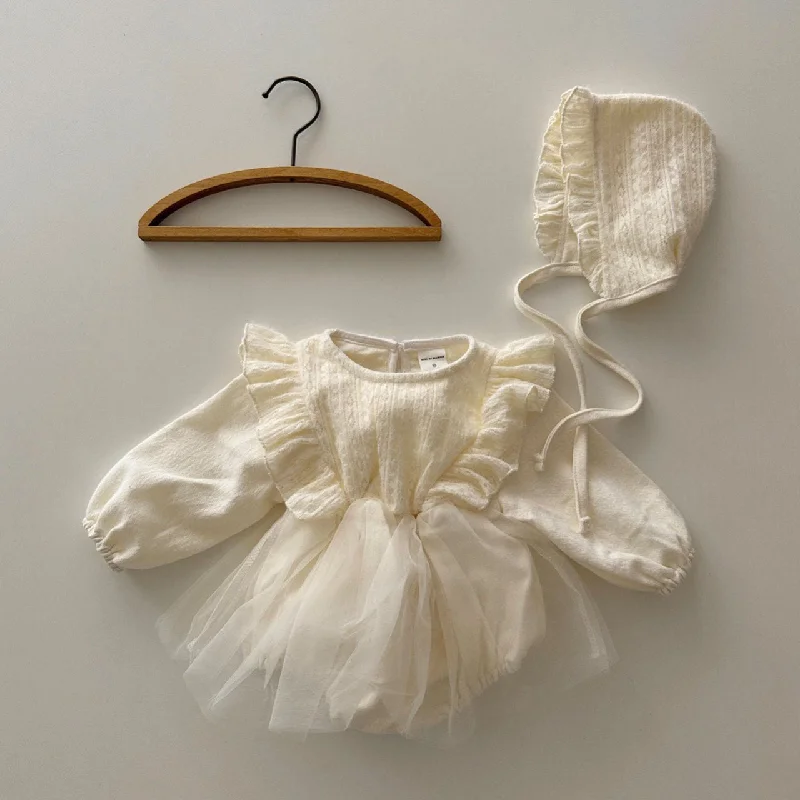 Baby Knit Top Ruffle Detail Dress Romper and Bonnet Set (3-18m) - Ivory