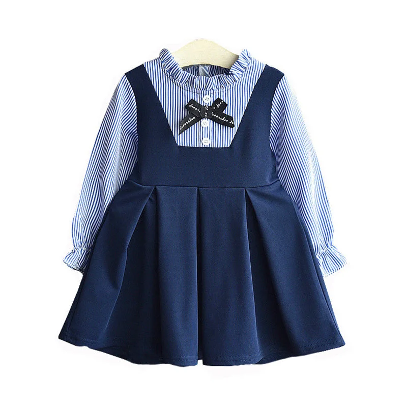 Fake Two Pieces Kid Girl Stripe Bowknot Dress  Wholesale 10135965